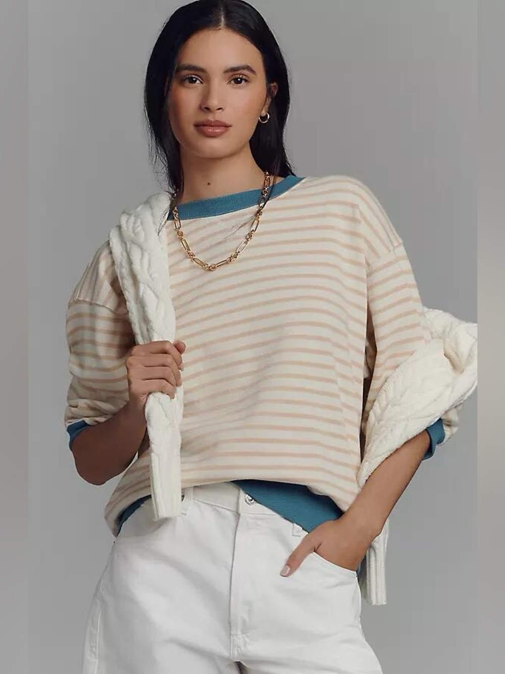 Pilcro Niki Bubble Sweatshirt Women Medium Tan Blue Striped